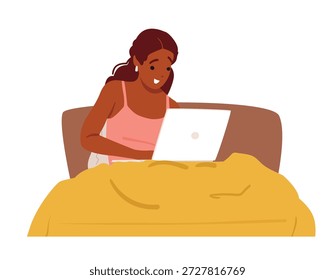 Junge Frau mit aufgeregtem Ausdruck mit Laptop sitzt im Heimbett Vektorgrafik. Charmante Frau glücklich lächelnd suggeriert erhielt tolle Nachrichten, gewann Geschenk oder fand einen perfekten Online-Verkauf