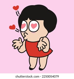 Young Woman With Excited Gesture And Red Heart Shaped Eyes Is So Happy To See Someone Concept Card Character illustration