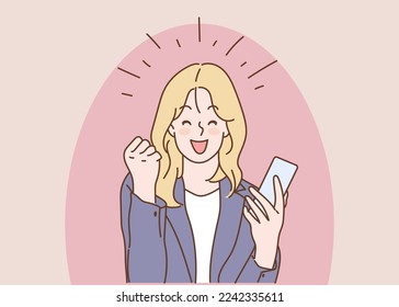 Young woman excited using smart mobile. Hand drawn in thin line style, vector illustration.