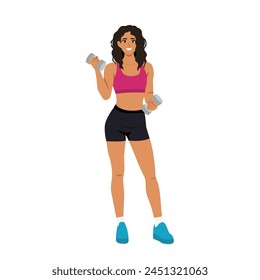 Young woman exercises with dumbbells. Weight training standing pose. Flat Vector Illustration Isolated on White Background