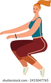 Young woman exercising, fitness outfit, ponytail hairstyle, jumping or dancing. Active female, workout motion, healthy lifestyle vector illustration.