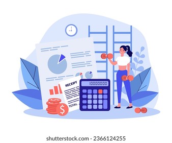 Young woman exercising at gym at high price vector illustration. Calculating price for fitness equipment in bills, expenses and receipts with calculator. Sport and budgeting, wellness concept