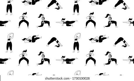 Young woman exercising at home black and white seamless pattern. Step by step instructions. Workout poses vector illustration.
