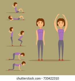 Young woman is exercising at home fitness character workout healthy living and diet concept vector illustration.