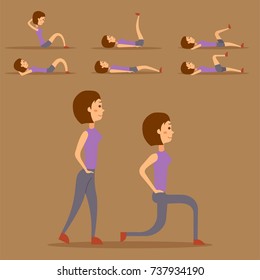 Young woman is exercising at home fitness character workout healthy living and diet concept vector illustration.