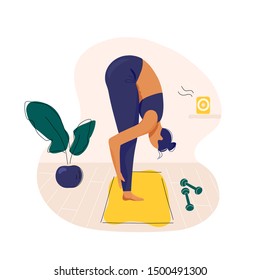 Young woman exercising on mat to music. Flat cartoon modern trendy style.Vector illustration character icon. Healthy lifestyle concept.