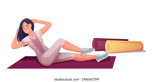 Young woman exercising on mat. Happy smiling girl sitting on mat and doing stretching exercises vector illustration. Healthy active lifestyle. Female isolated on white background.