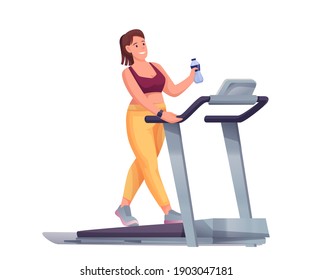 Young woman exercising on treadmill. Happy smiling girl walking or running with water bottle in hand vector illustration. Healthy active lifestyle. Female on white background.