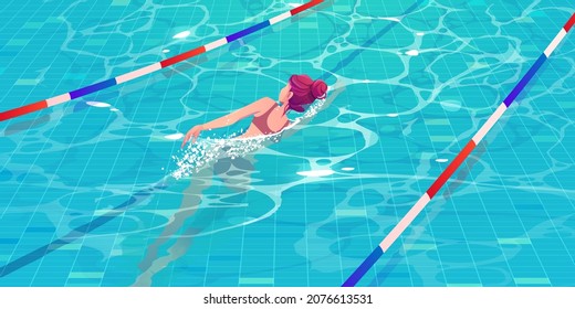 Young woman exercising in pool swimming along lane or path for dip top view with blue ripped water and ceramics floor. Athlete girl fitness and sport training, relaxing, Cartoon vector illustration