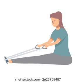Young woman is exercising using a resistance band while sitting on the floor