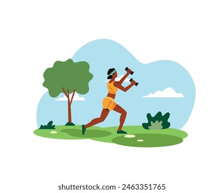 Young woman exercising using weights in both hands. healty lifstyle and recreation. Flat style design for sport and leisure activity concept.