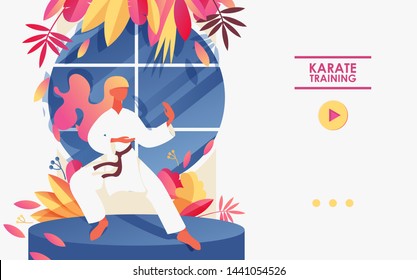 Young woman exercising in white kimono. Basic position in karate, decorated with greenery and bright round window. Landing page header banner for gym classes or studio template with karateka