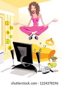 A young woman exercising in yoga lotus position and flying at home 