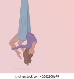 Young woman exersizing in aerial yoga hammock. Anti-gravity relaxation and stretching exersizes. Healthy lifestyle, sport and fitness training. Hand drawn trendy vector illustration