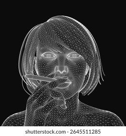 A young woman exhales smoke from a cigarette, her wireframe silhouette glowing against a dark background. The digital illustration highlights contours and negative space, emphasizing a modern.