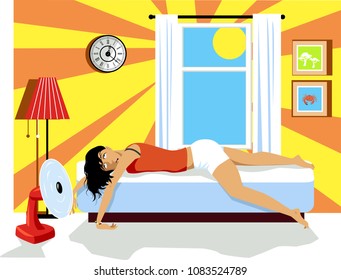 Young Woman Exhausted From Heat Lying On A Bed In Her House In A Hot Summer Day, EPS 8 Vector Illustration