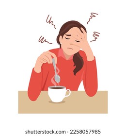 Young woman exhausted sit at table drink coffee feel fatigue or drowsiness. Tired female suffer from overwork lack energy need caffeine. Flat vector illustration isolated on white background