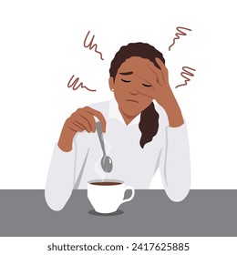 Young woman exhausted sit at table drink coffee feel fatigue or drowsiness. Tired female suffer from overwork lack energy need caffeine. Flat vector illustration isolated on white background