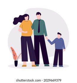 Young woman expecting baby. Happy motherhood. Pregnant wife with husband and son. Happiness parents with waiting for second kid. Cartoon mother and father with child. Flat vector illustration