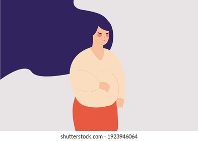 Young woman expects a child and looks happy. Pregnant needs help, holds her stomach with love and care. Medical care in hospital, maternity. Psychological, Prenatal medical, pregnancy concept. Vector