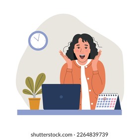 Young woman experiences fear, fright, stress before the laptop in the office. Flat style cartoon vector illustration. 