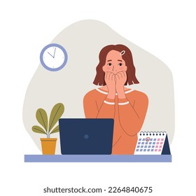 Young woman experiences fear, fright, stress before the laptop in the office. Flat style cartoon vector illustration. 