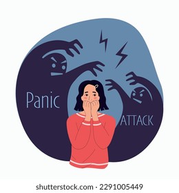 Young woman experiences fear, fright, stress. Phobia night monster.Vector flat style cartoon  illustration.