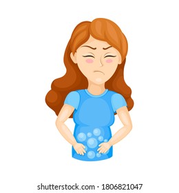 Young Woman Experiencing Flatulence or Bloat Vector Illustration