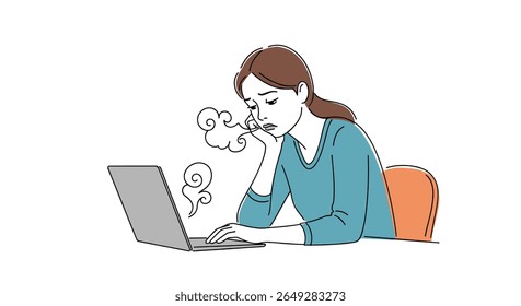 Uma jovem mulher passando por frustração e exaustão enquanto trabalha em seu notebook em uma sala bem iluminada