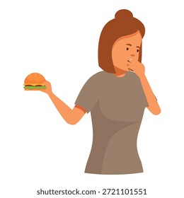 Mujer joven que experimenta náuseas mientras sostiene una hamburguesa, que representa conceptos de dieta, aversión a la comida o náuseas matutinas
