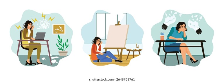 Young woman experiencing problems, creative crisis, depression and emotional exhaustion. A depressed, uncreative, and exhausted female painter. A woman sits pensive with lack of ideas and fatigue.