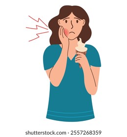 Young woman experiencing tooth pain. The girl touches her cheek with a concerned expression, indicating discomfort. Vector flat illustration. Oral care concept.