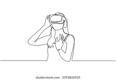 Young woman is experiencing virtual reality through a VR headset, Single continuous line drawing of virtual reality game player concept one line draw design vector illustration.