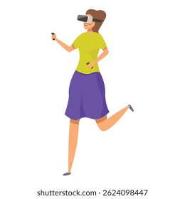 Young woman is experiencing a virtual reality simulation, running and interacting with the digital environment