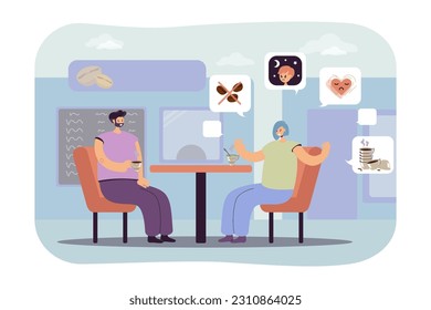 Young woman explaining harm of caffeine vector illustration. Friends having drinks at coffee shop, talking about insomnia, heart diseases from caffeine. Refusal of coffee, caffeine-free menu concept