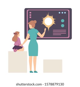 Young Woman Explaining Her Daughter Astronomical Facts and Notions in Planetarium Vector Illustration