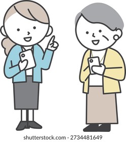 A young woman explaining how to use a smartphone to a senior woman. Illustration of a Japanese person providing digital support.
