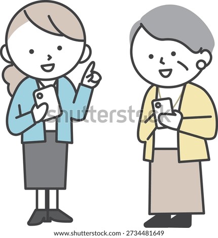 A young woman explaining how to use a smartphone to a senior woman. Illustration of a Japanese person providing digital support.