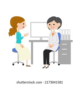 A young woman explains to a female doctor in an examination room