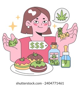 Young woman exploring cannabis delights. Holds gummy bears, showcases THC-infused pastries, CBD oils, and visualizing leaf. Cannabis consumerism. Flat vector illustration.