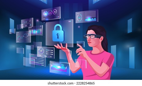 Una joven mujer que explora y visualiza los conceptos de Ciberseguridad, Criptodivisa, NFT, Blockchain, Infographics y Future Communication con Tecnología Metaverse Digital Aumented Reality 