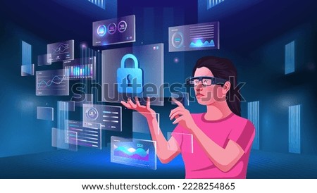 A young woman exploring and visualizing Cyber Security, Cryptocurrency,  NFTs, Blockchain, Infographics and Future Communication concepts with Metaverse Digital Augmented Reality Technology 