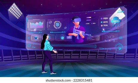 A Young woman exploring and visualizing the Defence technology, Cloud Storage Program, Infographics and Future innovations, and Communication concepts with Metaverse Digital Technology- Vector Design
