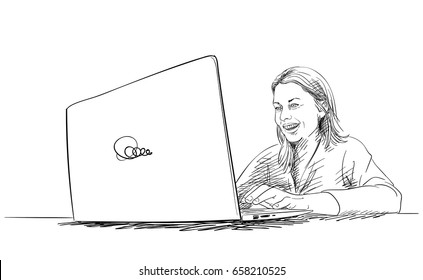 Young woman expresses happiness with broad smile while using her laptop, Vector sketch, Hand drawn illustration