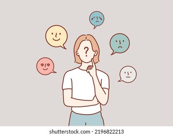 Young Woman expressing different state of mood. Hand drawn style vector design illustrations.