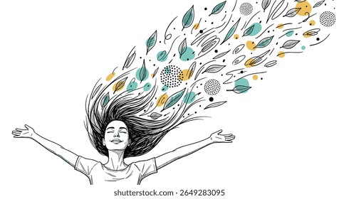 Young Woman Expressing Freedom with Flowing Hair and Nature Elements Symbolizing Creativity and Growth