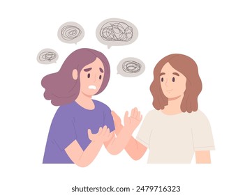 Young woman is expressing her feelings with close friend or girlfriend. Concept of mental health, emotion, active listening , problem, consulting, conversation, talking with friend. Flat vector.