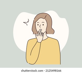 Young Woman expressing surprise, shocked with open mouth. Nonverbal Facial expression, Reaction, mood concept. Hand Drawn cartoon style isolated Vector Illustration.