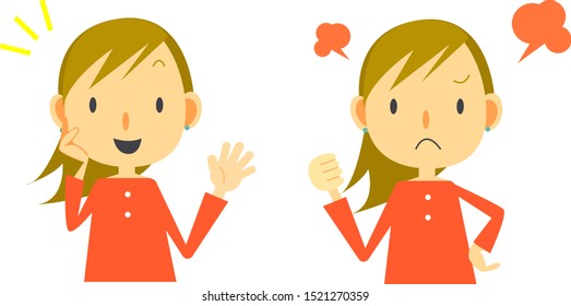 young woman expression set, angry & satisfied