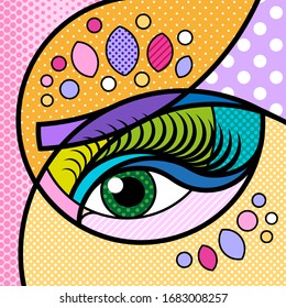 young woman eye close up Modern colourful pop art graphic element for your design. Vector cosmetic mack up artistic illustration in pop-art glamour comic style.